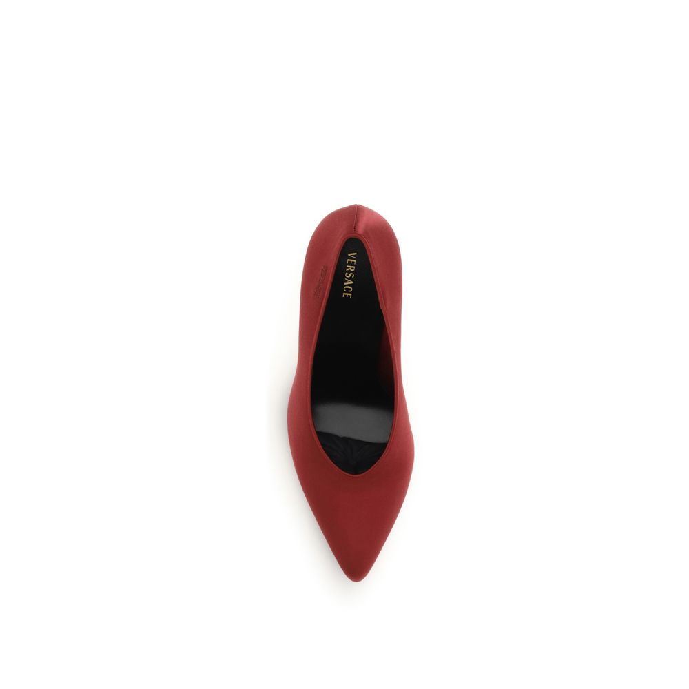 Versace red viscose high heel pumps with pointed toes and elegant design, perfect for formal or stylish occasions.