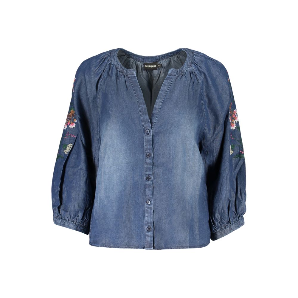 Desigual blue Lyocell women's shirt with a relaxed fit and casual style, featuring a button-down front and long sleeves.