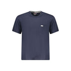 Blue organic cotton Guess Jeans men's T-shirt with crew neck and short sleeves, casual and sustainable everyday wear.