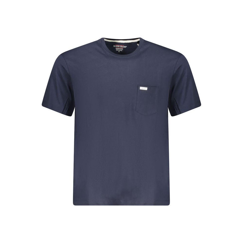 Blue organic cotton Guess Jeans men's T-shirt with crew neck and short sleeves, casual and sustainable everyday wear.