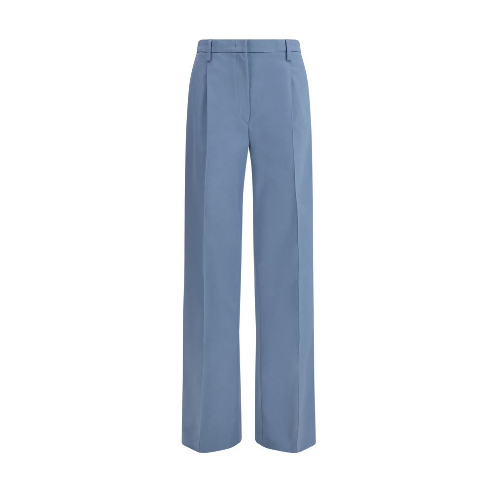 Prada blue cotton chino pants with classic fit, front pockets, and belt loops, displayed on a neutral background.