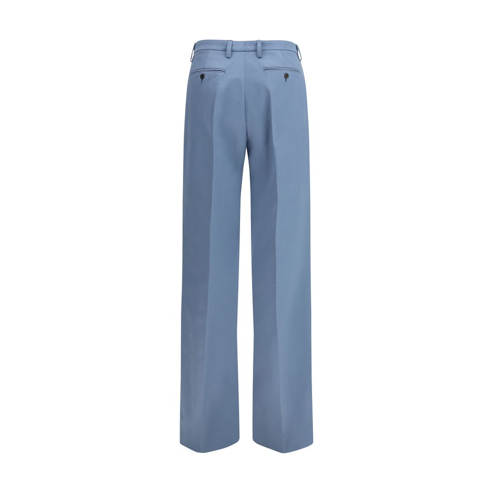 Prada blue cotton chino pants displayed on a hanger, showcasing slim fit design and classic style.