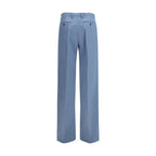 Prada blue cotton chino pants displayed on a hanger, showcasing slim fit design and classic style.