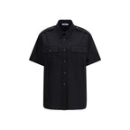 Prada black cotton shortsleeve shirt with classic collar and button front, displayed on a neutral background.
