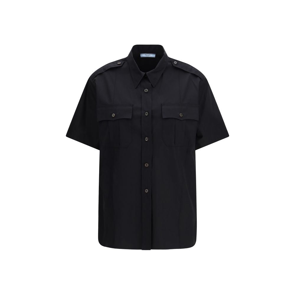 Prada black cotton shortsleeve shirt with classic collar and button front, displayed on a neutral background.