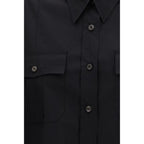 Prada black cotton short-sleeve shirt with a classic collar and relaxed fit, displayed on a hanger.