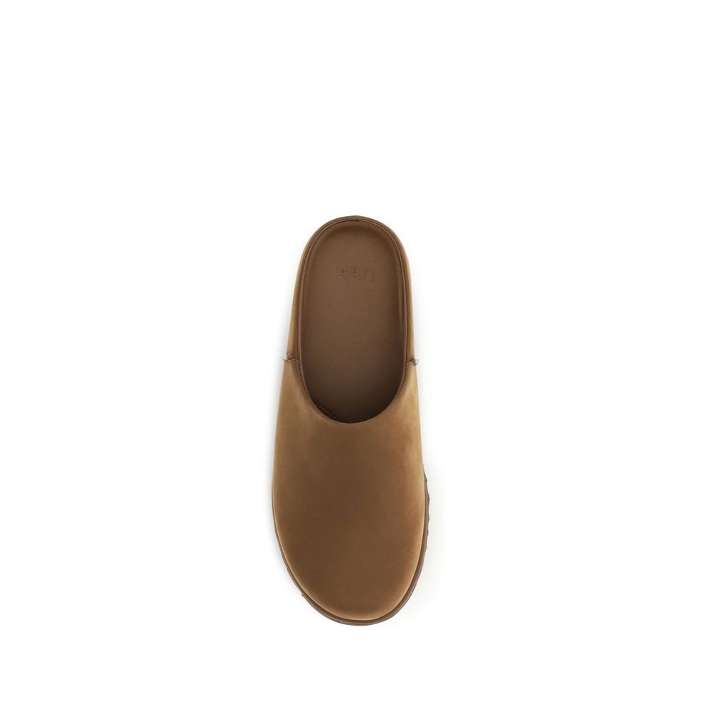 UGG Brown Calf Leather Bos Taurus Mules showing sleek leather upper and elegant slip-on design on a neutral background.