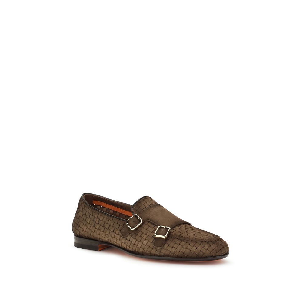 Santoni Brown Calf Leather Bos Taurus Slip-On Loafers Santoni