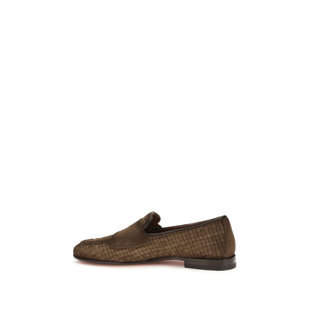 Santoni Brown Calf Leather Bos Taurus Slip-On Loafers Santoni