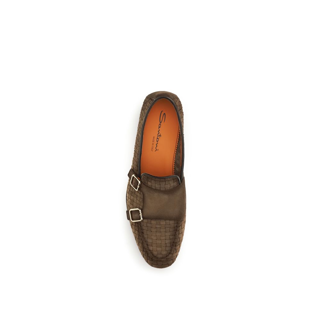 Santoni Brown Calf Leather Bos Taurus Slip-On Loafers Santoni