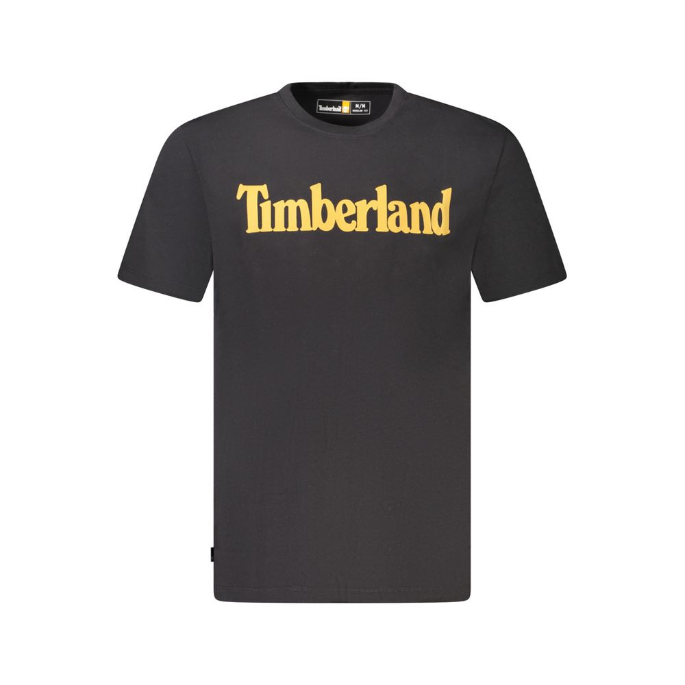 Black organic cotton Timberland men's T-shirt displayed on a plain background, showcasing a casual fit and comfortable fabric.