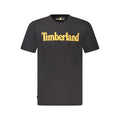 Black organic cotton Timberland men's T-shirt displayed on a plain background, showcasing a casual fit and comfortable fabric.