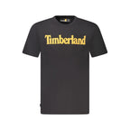 Black organic cotton Timberland men's T-shirt displayed on a plain background, showcasing a casual fit and comfortable fabric.