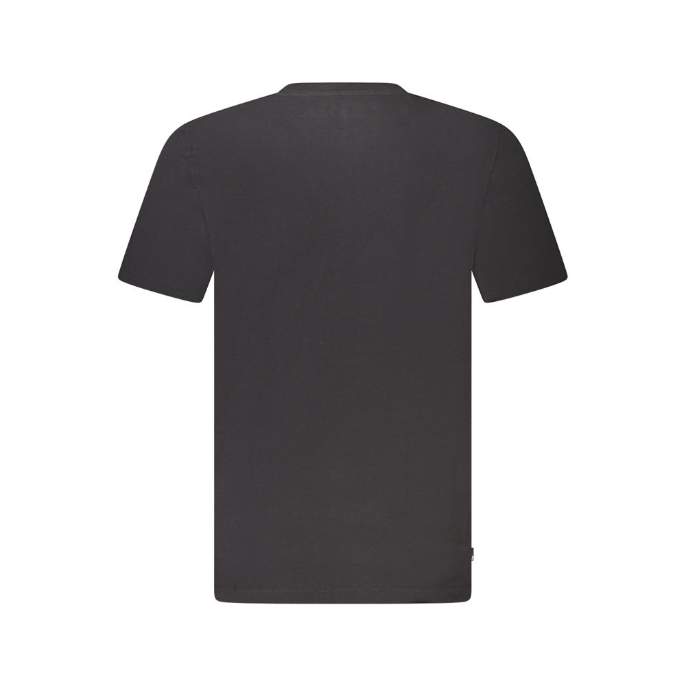 Black organic cotton men's T-shirt by Timberland, featuring a classic fit and crew neckline, displayed on a hanger.