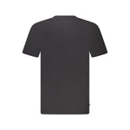 Black organic cotton men's T-shirt by Timberland, featuring a classic fit and crew neckline, displayed on a hanger.