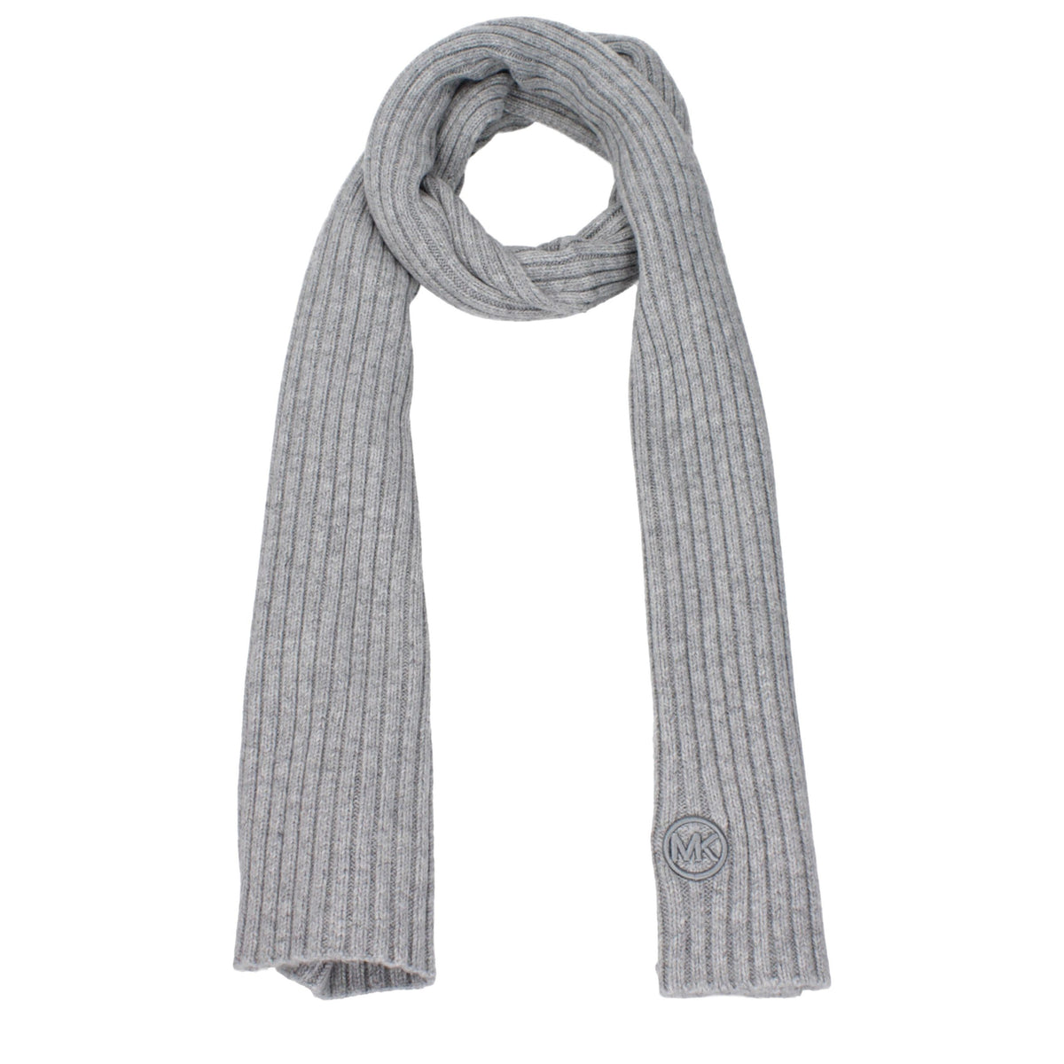 Gray Michael Kors polyester scarf draped for display, showcasing soft fabric and stylish design.