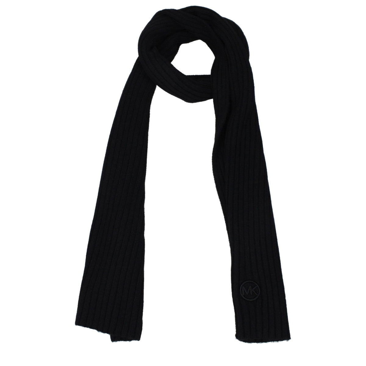 Black Michael Kors polyester scarf with subtle branding and smooth texture, displayed folded on a neutral background.