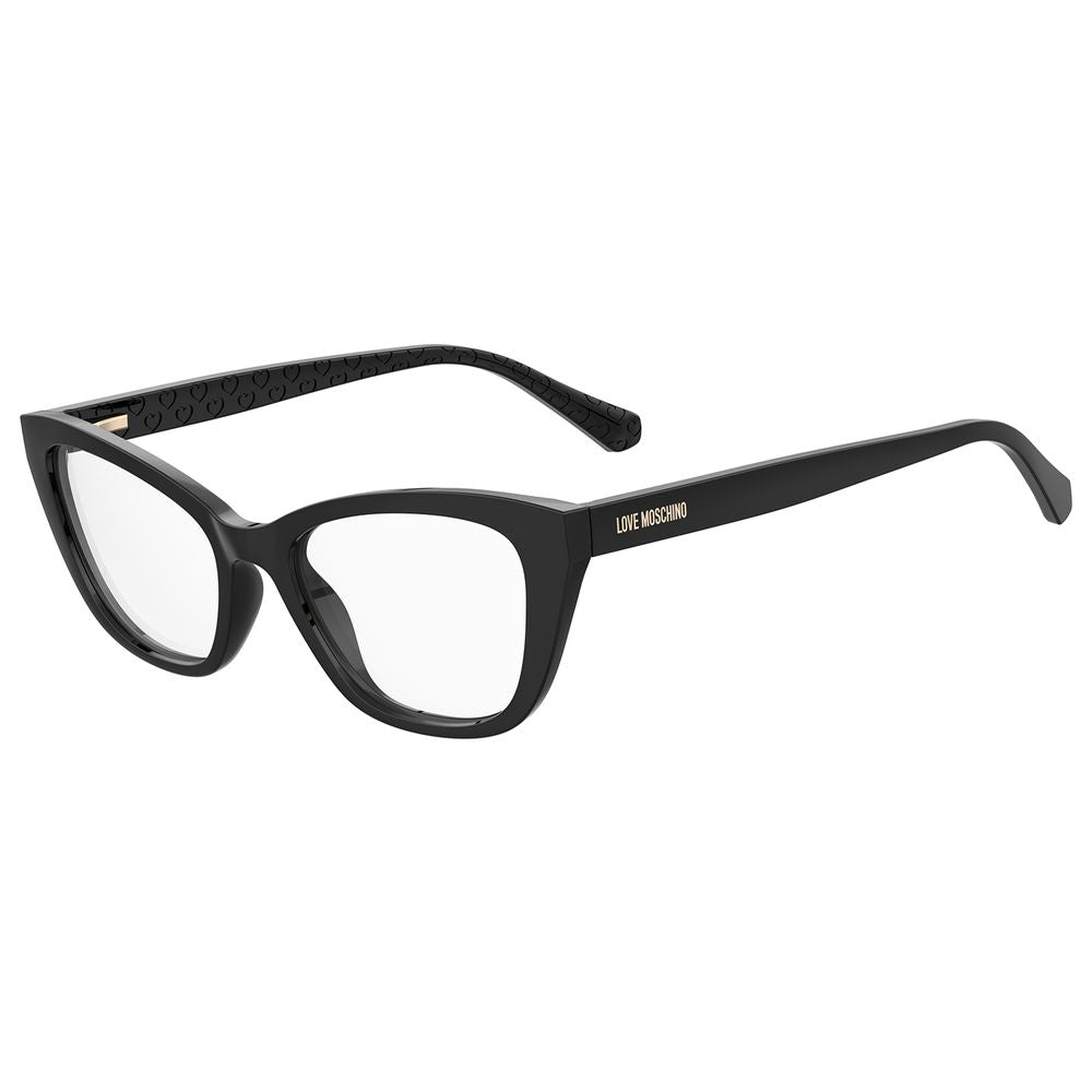 Black Love Moschino cellulose propionate glasses frames with stylish design, shown in a clear close-up image.