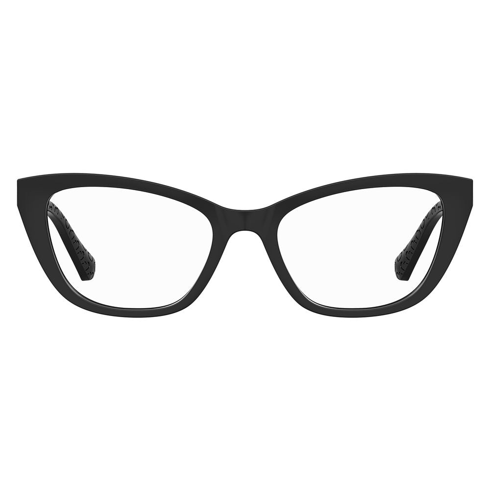 Love Moschino black cellulose and propionate glasses frames with bold design and clear lenses, stylish and lightweight for everyday wear.