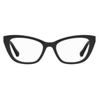 Love Moschino black cellulose and propionate glasses frames with bold design and clear lenses, stylish and lightweight for everyday wear.