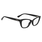Love Moschino black cellulose propionate glasses frames with stylish design and rounded shape, perfect for fashion-forward eyewear.