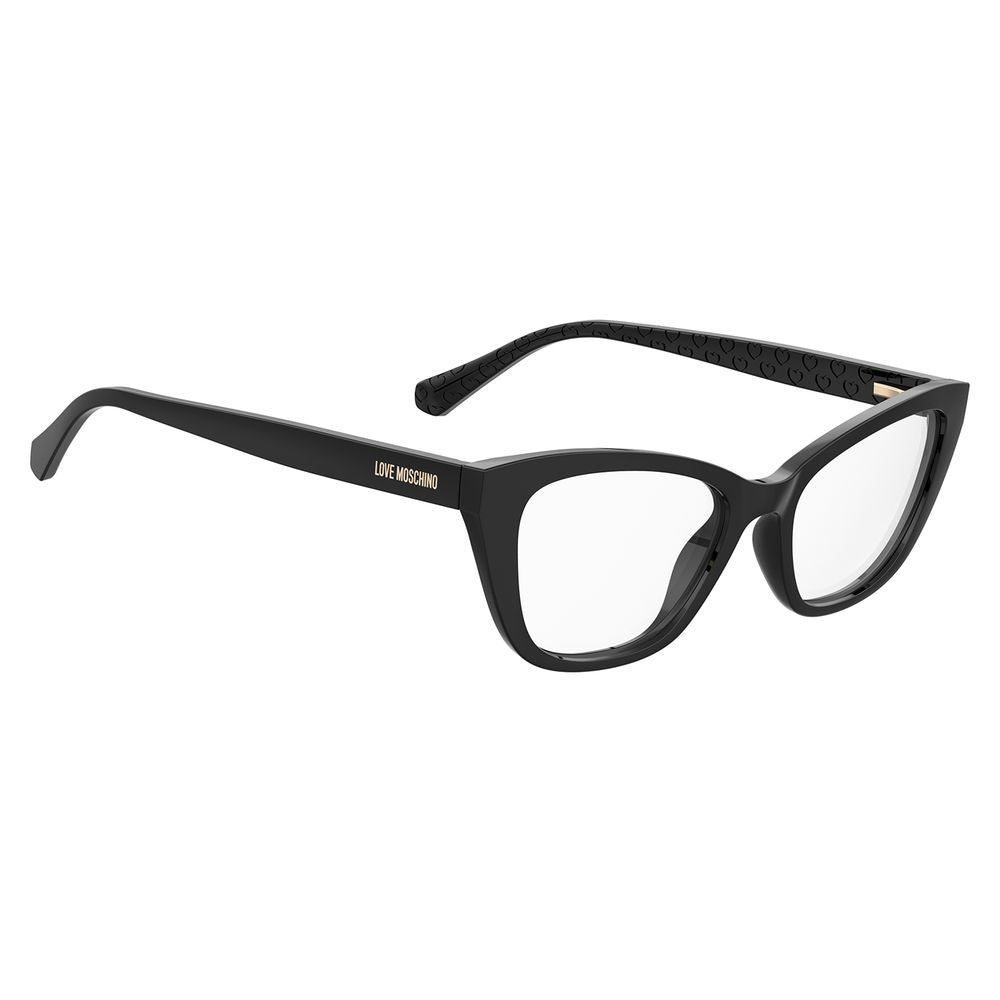 Love Moschino black cellulose propionate glasses frames with stylish design and rounded shape, perfect for fashion-forward eyewear.