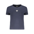 Desigual blue cotton women's T-shirt with colorful abstract design, short sleeves, and round neckline.