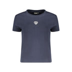 Desigual blue cotton women's T-shirt with colorful graphic design and casual fit, shown on a plain background.
