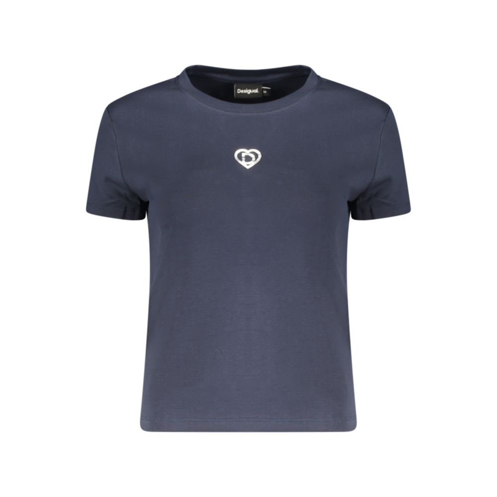 Desigual blue cotton women's T-shirt with colorful graphic design and casual fit, shown on a plain background.