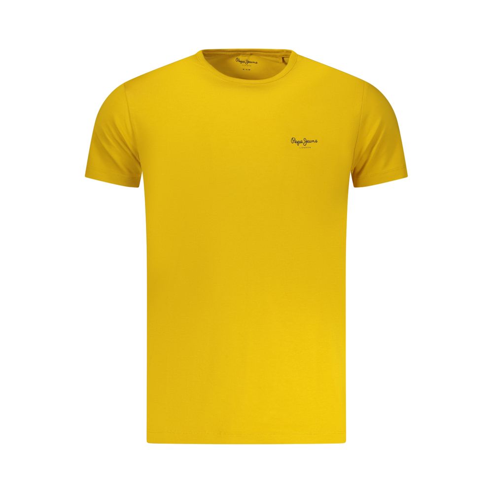 Pepe Jeans yellow cotton men's T-shirt displayed flat with round neckline and short sleeves.
