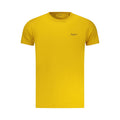 Pepe Jeans yellow cotton men's T-shirt displayed flat with round neckline and short sleeves.