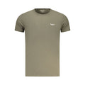 Pepe Jeans Verde cotton men's T-shirt displayed on a hanger, featuring a classic crew neck and short sleeves.