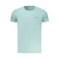 Pepe Jeans Azzurro cotton men's T-shirt displayed on a hanger, featuring a classic crew neck and short sleeves in blue.