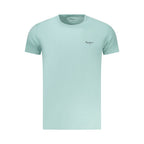 Pepe Jeans Azzurro cotton men's T-shirt displayed on a hanger, featuring a classic crew neck and short sleeves in blue.