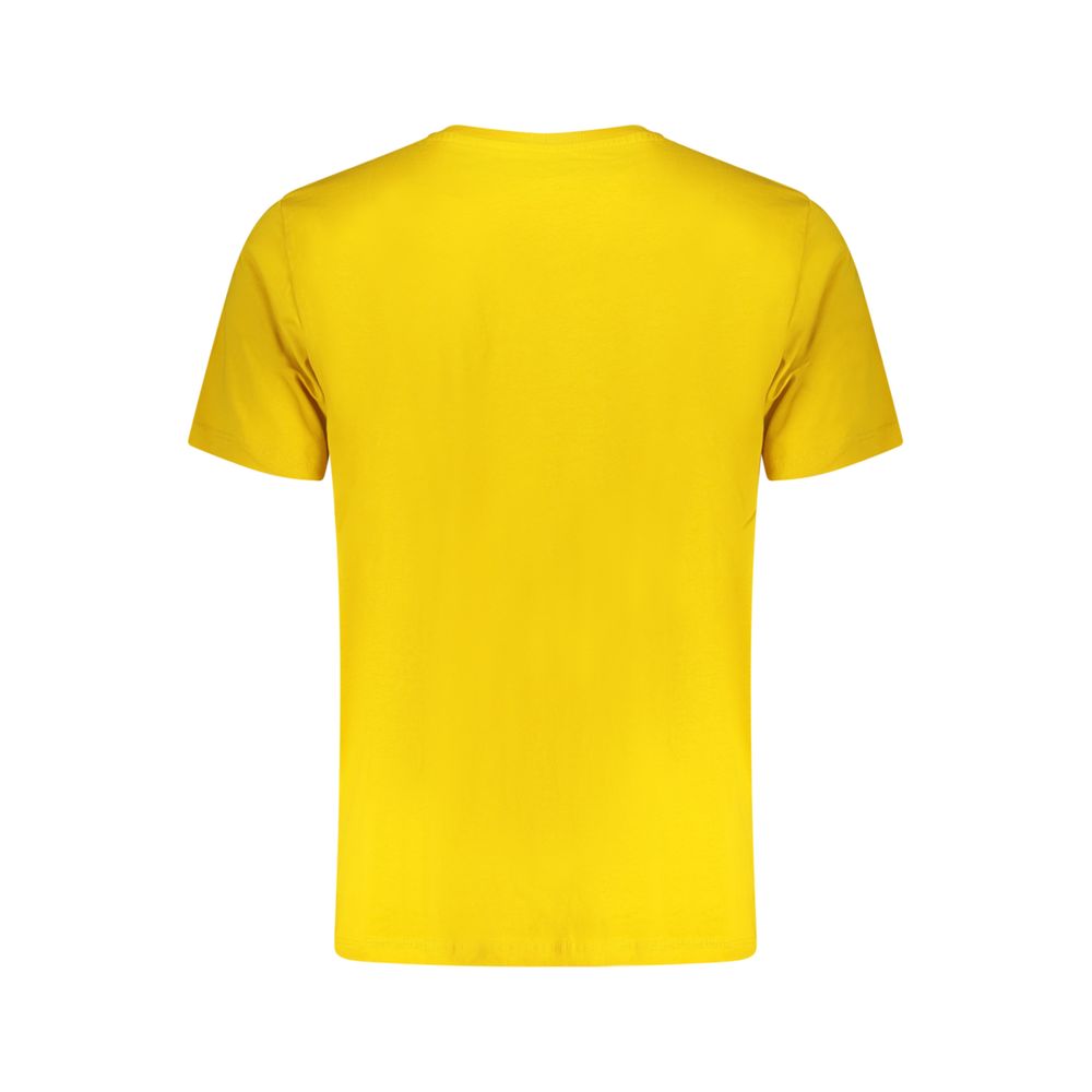 Pepe Jeans yellow cotton men's T-shirt displayed on a hanger featuring a classic round neckline and casual fit.