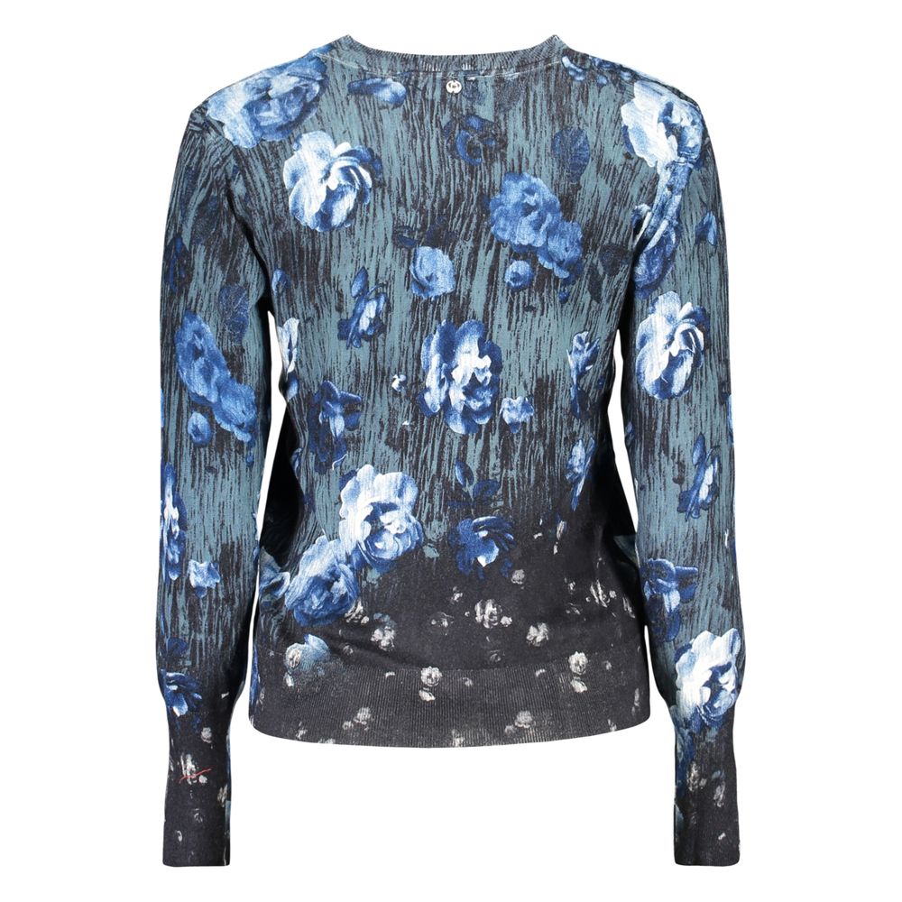Desigual blue viscose women's sweater with a relaxed fit and subtle pattern, displayed on a hanger.