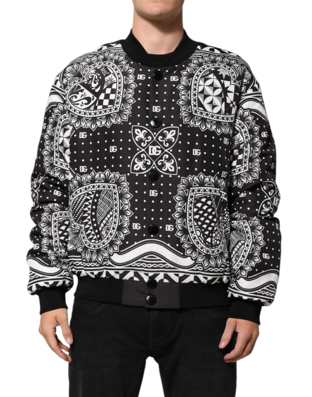 Dolce & Gabbana Black White BandanaPrint Men Bomber  Jacket - Eljoys Fashion 