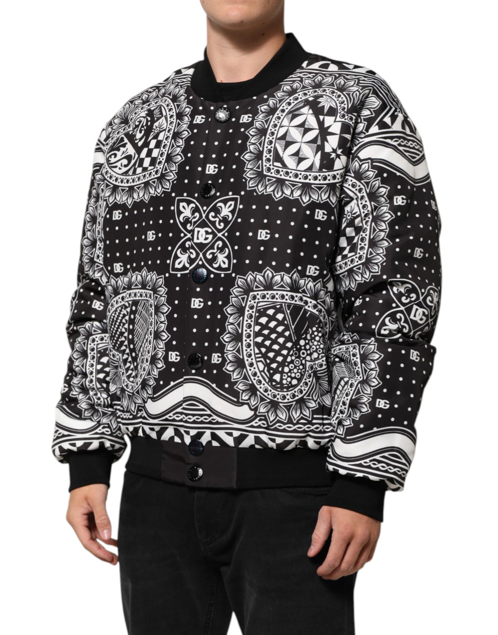 Dolce & Gabbana Black White BandanaPrint Men Bomber  Jacket - Eljoys Fashion 