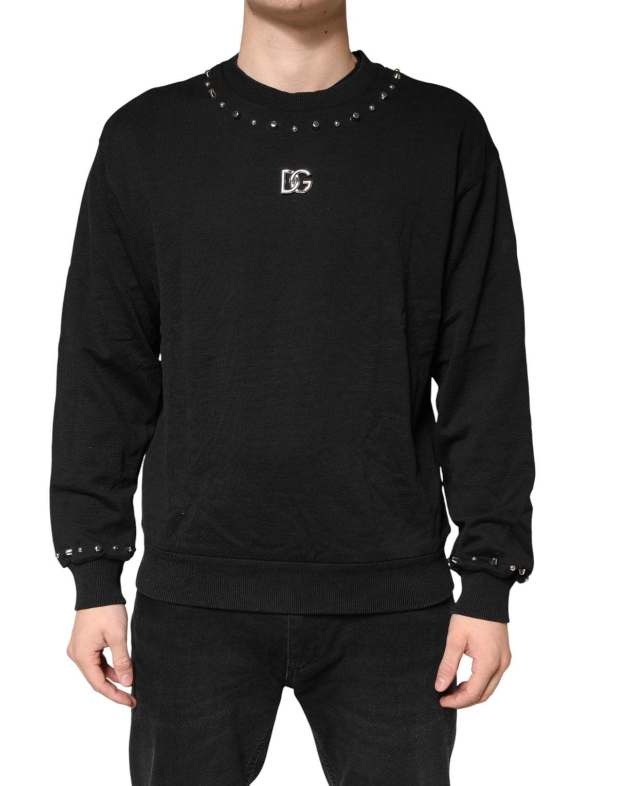 Dolce & Gabbana black cotton sweatshirt with embellished details, casual sweater with stylish decorative accents.