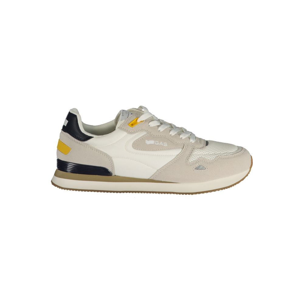 White polyester men's Gas sneakers with sporty design and lace-up closure, shown from a side angle.