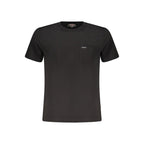 Black Guess Jeans organic cotton men's T-shirt with a classic fit, featuring the Guess logo on the front, displayed on a plain background.