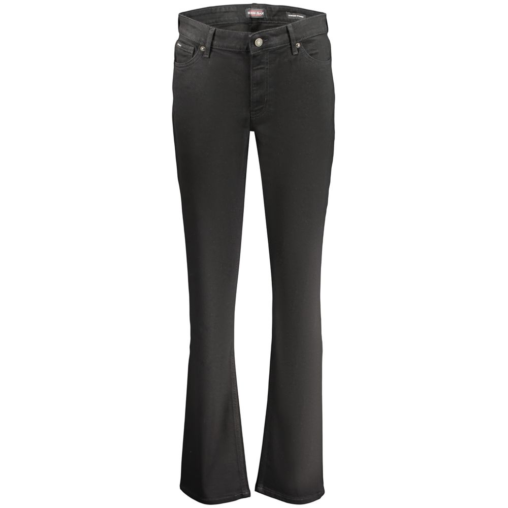 Black Guess Jeans women's cotton jeans with a classic fit and five-pocket design, shown laid flat.