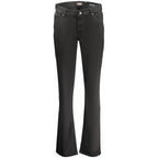 Black Guess Jeans women's cotton jeans with a classic fit and five-pocket design, shown laid flat.