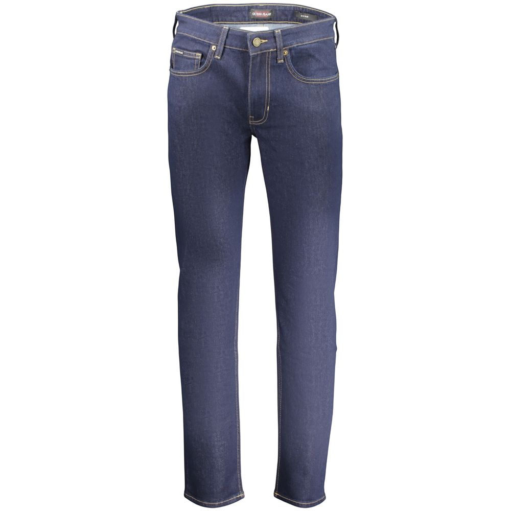 Guess Jeans men's blue cotton jeans displayed on a model, showcasing classic fit and denim texture.