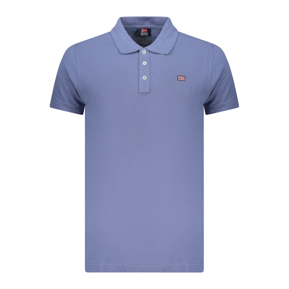 Men's blue cotton polo shirt by Norway 1963 featuring a classic fit and subtle branding, displayed on a mannequin.