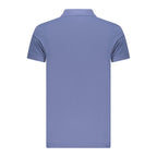 Blue cotton men's polo shirt by Norway 1963, featuring a classic fit and collar, displayed on a hanger.