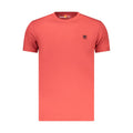 Red organic cotton Timberland men's T-shirt displaying a classic crew neck and Timberland logo on the chest.