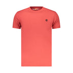 Red organic cotton Timberland men's T-shirt displaying a classic crew neck and Timberland logo on the chest.