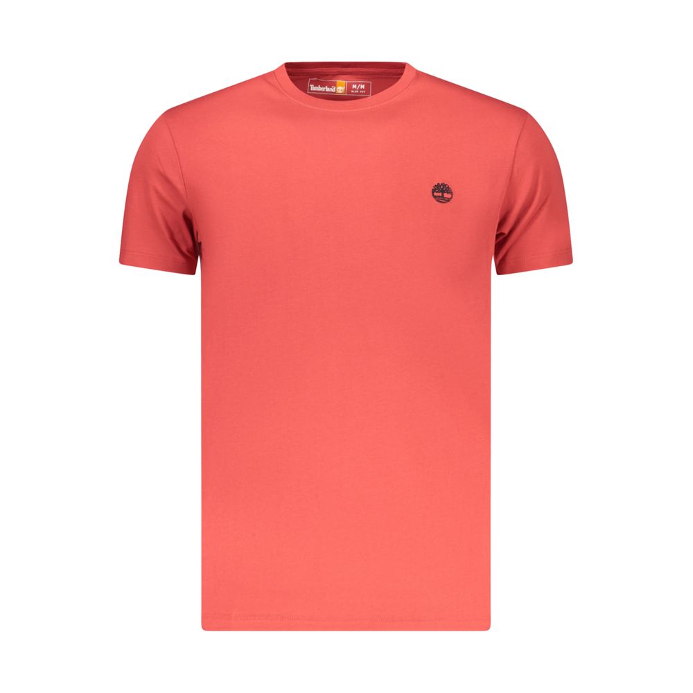 Red organic cotton Timberland men's T-shirt displaying a classic crew neck and Timberland logo on the chest.