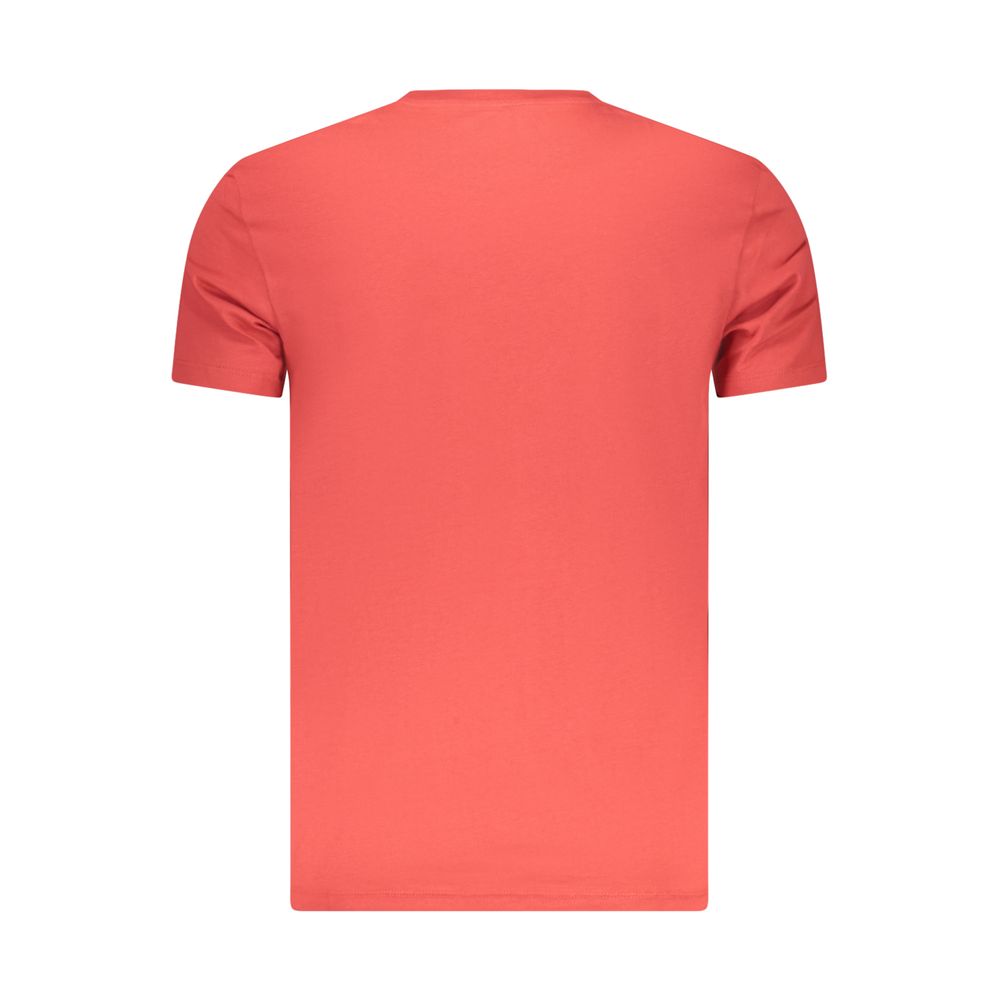 Red organic cotton men's T-shirt by Timberland, shown flat with visible crew neckline and short sleeves.